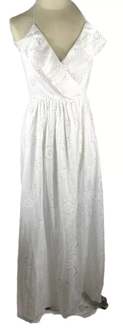 Betsey Johnson White Eyelet Halter Maxi Dress Size 4 Cotton Sundress Ruffles