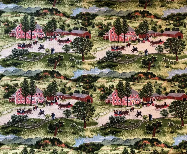 Vintage Rare Grandma Moses Riverdale Checkerboard House Barkcloth  30"x47" wide