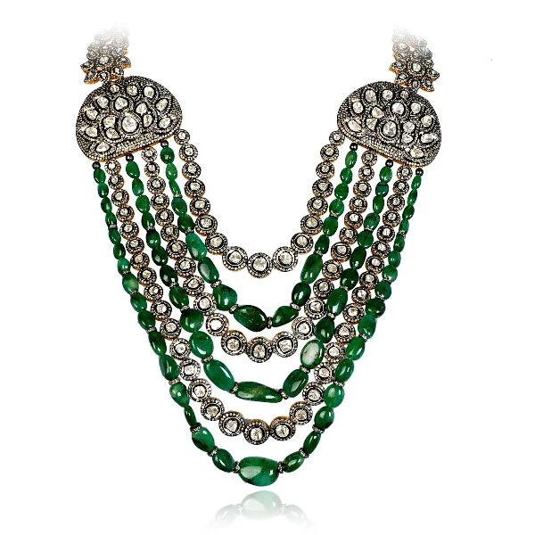 Natural Rosecut Diamond Polki Emerald Beads Handamde Wedding Necklace Jewelry