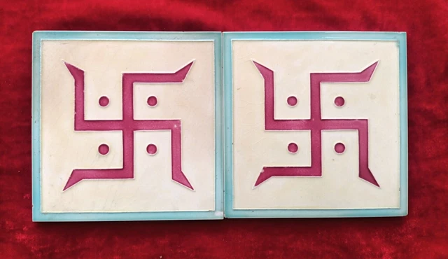 2 Piece Old Art Deco Swashtik Design Embossed Majolica Ceramic Tiles Japan 0345