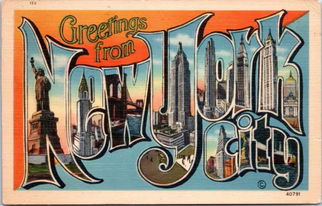 Large Letter Greetings, New York City, NY - 1939 Linen Postcard -