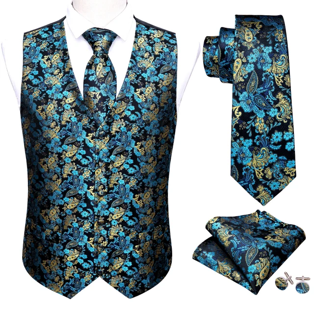 *Set gilet primavera da uomo blu e giallo paisley floreale gilet matrimonio