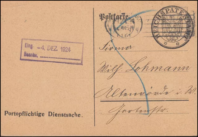 Portopflichtige Dienstsache Reichspatentamt BERLIN 2.12.1924 nach Altenmünster