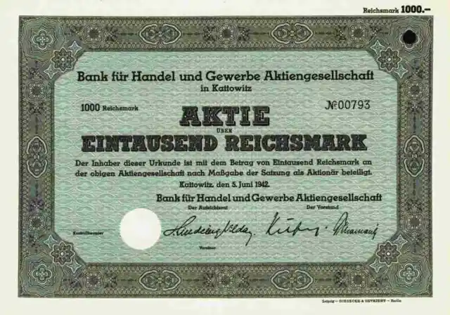 Bank für Handel Gewerbebank 1942 Kattowitz Katowice Schlesien Slask Berlin 1000