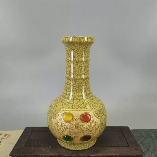 Chinese Porcelain Song Dynasty Ge Kiln Yellow Glaze Set Gems Vase 9.25 Inch
