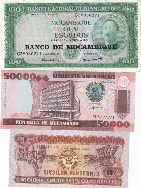 Trois billets du Mozambique 2 neufs (UNC) et un usagé