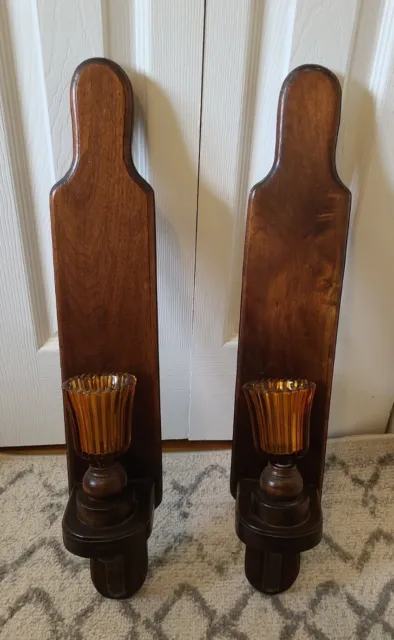 Vintage Wood Wall Sconces Amber Glass Candle Votive Taper Candle MCM Large 24"