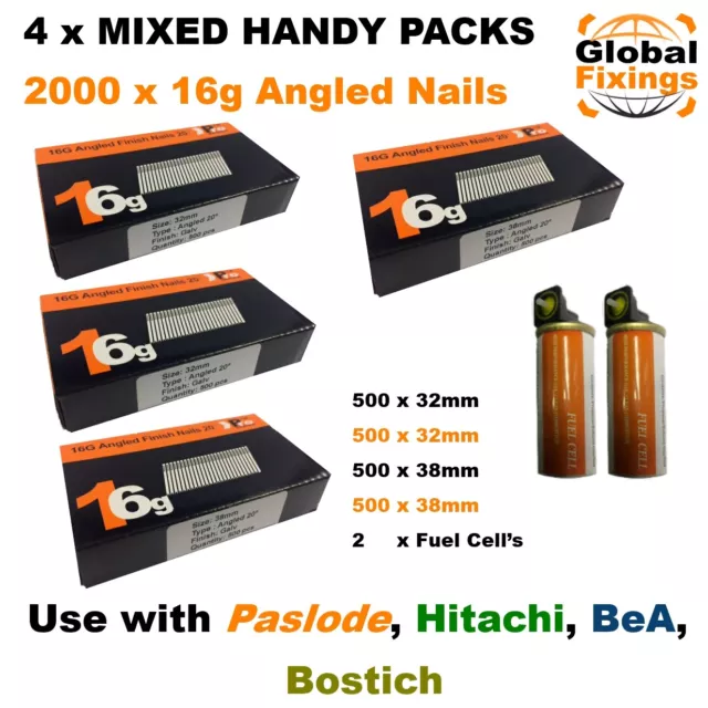 MIXED 2000 16g ANGLED 20° Nails & 2 Fuel Cells-Paslode IM65A (1k 32mm + 1k 38mm)