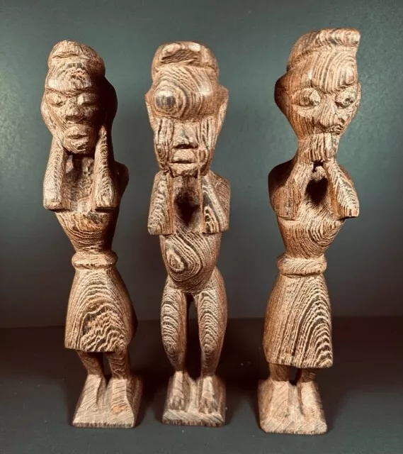 3 African Congo Carved Zebra Wood Hear No See No Speak No Evil Figurines 10 1/2"