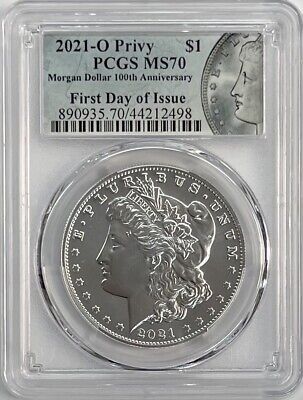 2021 O Morgan Silver Dollar First Day of Issue 100th Anniv PCGS MS70