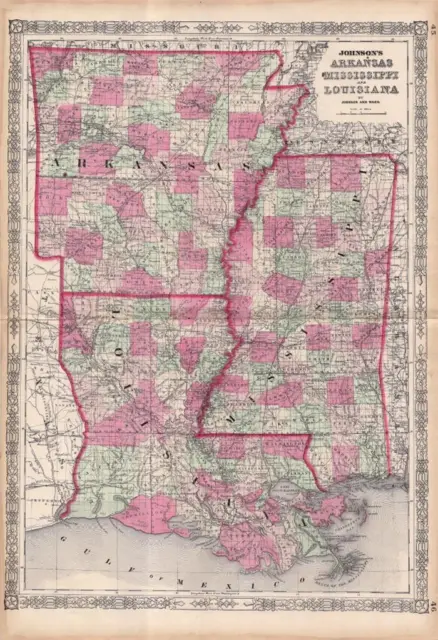 1864 Antique Johnson Atlas Map-Arkansas, Mississippi, & Louisiana-Hand Colored
