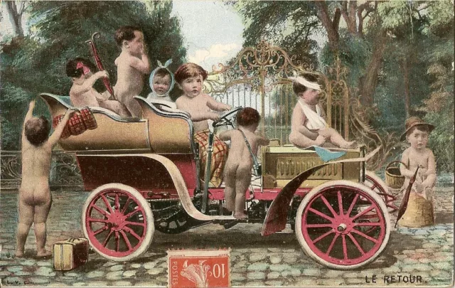 Carte Postale Fantaisie Le Retour Serie 1433  Enfants Bebes A Bord D'une Voiture