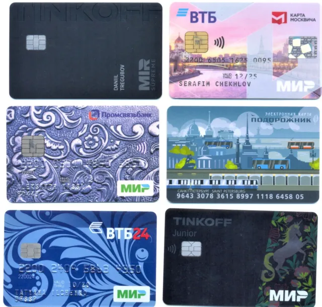 6 bank  credit chip CARDS CARTES only for collection VISA МИР TINKOFF
