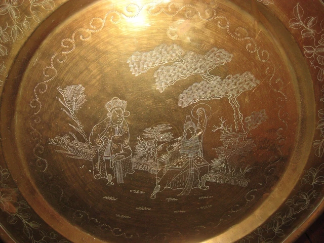 Large 19th Century Antique Japanese Brass Charger Engraved Samurai Motif