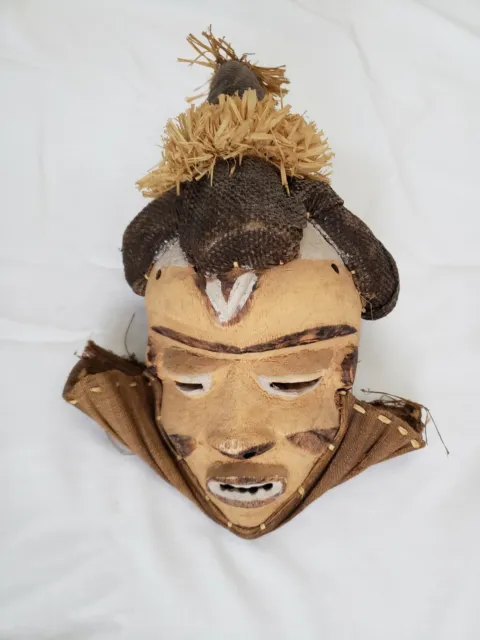 Hand Carved Wooden Pende Tribal Mask with Woven Hat African D.R.C. late 20th cen