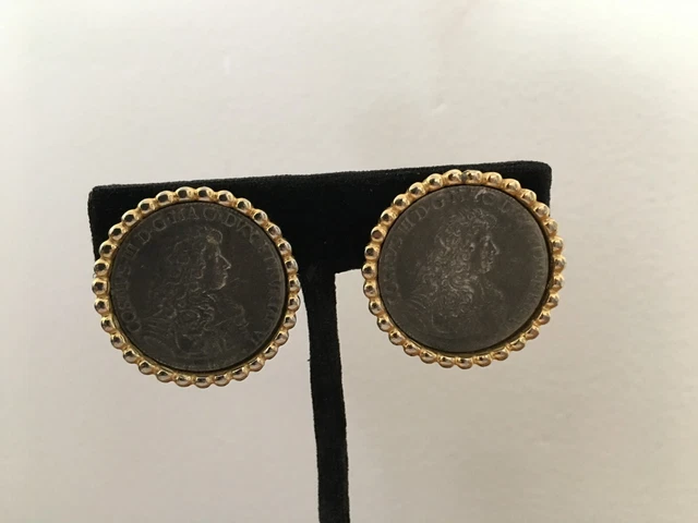 Vintage BEN AMUN Cameo Coin Clip Earrings Designer Signed