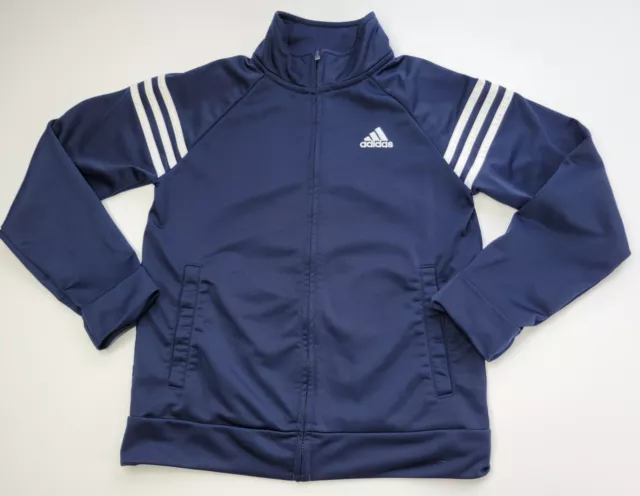 Adidas Girl's Size Medium 10-12 Blue Full Zip White Stripes Athletic Jacket
