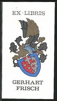Exlibris von Z.G. Alexy für Gerhart Frisch, Wappen mit geflügeltem Ritterhelm