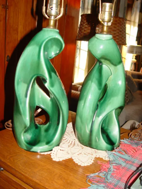 MCM Abstract green ceramic table lamp pair - 1950s 3