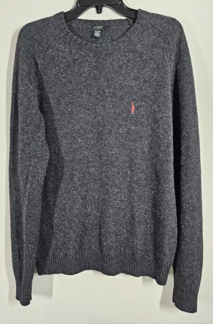 J. Crew Mens 100% Lambs Wool Sweater Size M Crew Neck Heather Gray Embroidered