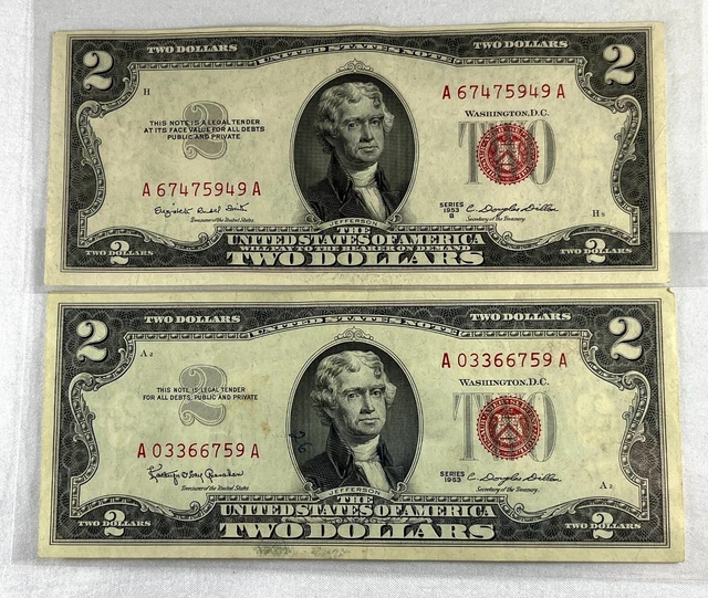 1953b & 1963 Two Dollar Bills Red Seal US Note - One Bill Slight Miss-cut