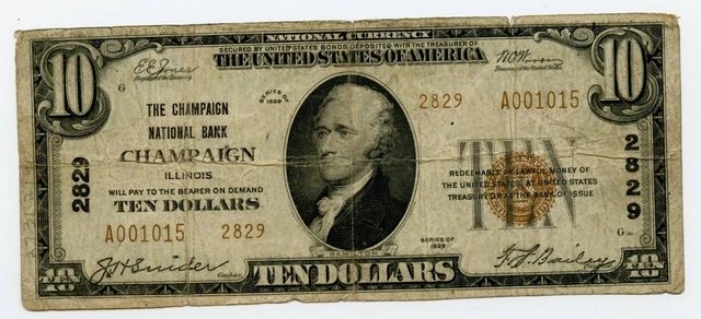1929 TYPE 2 $10 NATIONAL CURRENCY CHAMPAIGN NB of CHAMPAIGN, ILLINOIS CH 2829