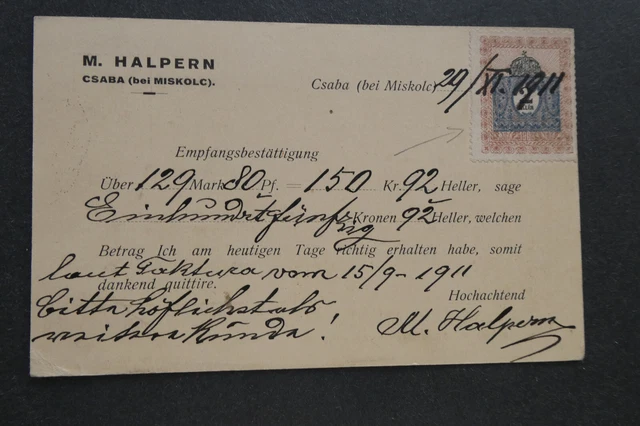 Ungarn Ganzsache 1911 vorgedr. Empfangsbestätigung nach Leipzig mit Fiskalmarke