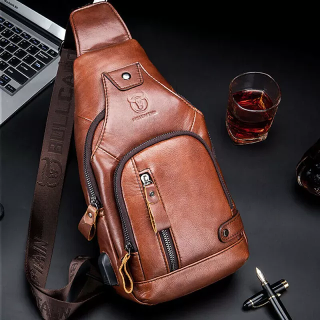 Men Sling Backpack Crossbody Bag 100% Genuine Leather Shoulder Bag Chest bag USB