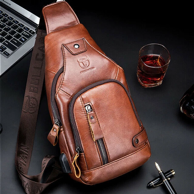 Men Sling Backpack Crossbody Bag 100% Genuine Leather Shoulder Bag Chest bag USB