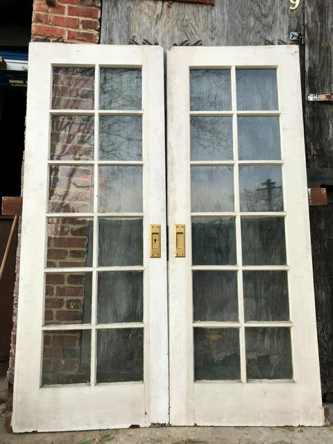 Pair 30x80’’ Antique 12-Pane Glass Interlocking Pocket Doors brass locking pulls