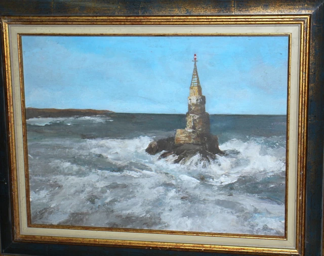 Vintage realist oil painting lighthouse seascape