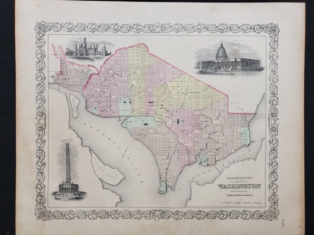 1855 Colton Map - Washington DC City Plan Shows Landmarks - 100% Genuine Antique