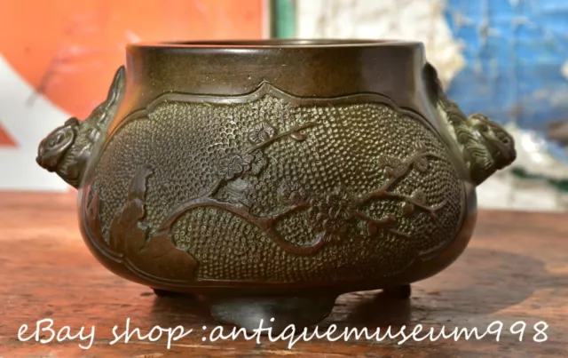6.4" Xuande Marked Old Chinese Bronze Dynasty Flower Bird incense burner Censer
