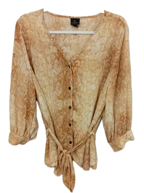 Worthington beige animal print sheer see through belted button down top 0X , 1X
