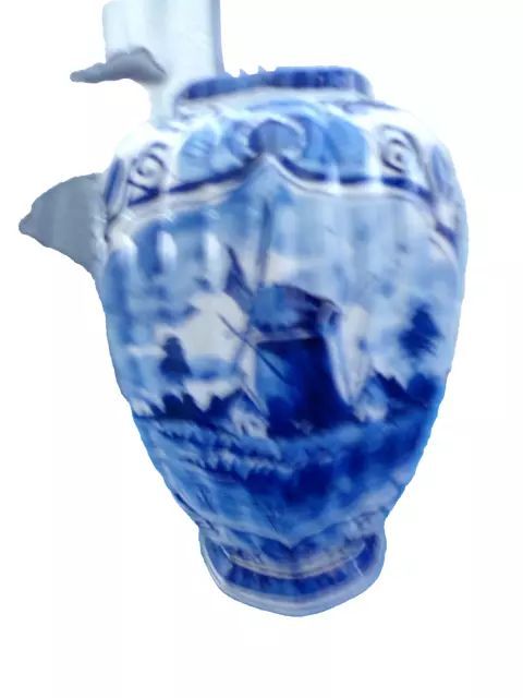 Ancien vase octogonal en faïence bleu de Delft-décor moulin,fleurs-handpainted