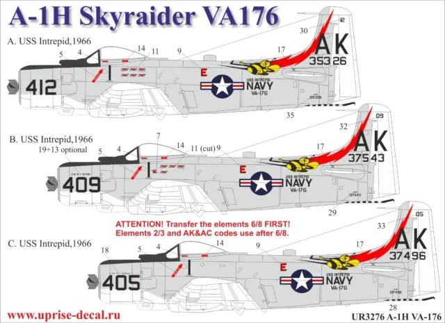 1:32 Decal Douglas A-1H Skyraider VA-176 with stencils UpRise Decal UR3276