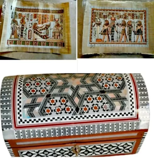 Egyptian handmade wooden jewelry box and pharaonic papyrus paper