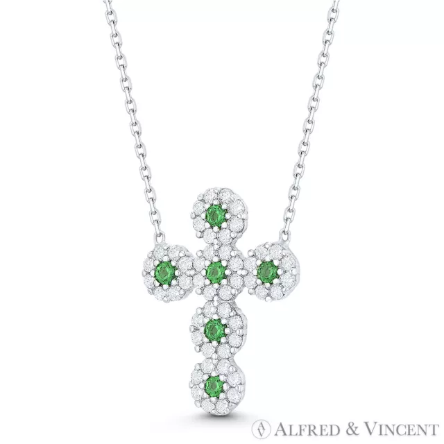 Modern Christian Cross Green Clr CZ Crystal 925 Sterling Silver Pendant Necklace