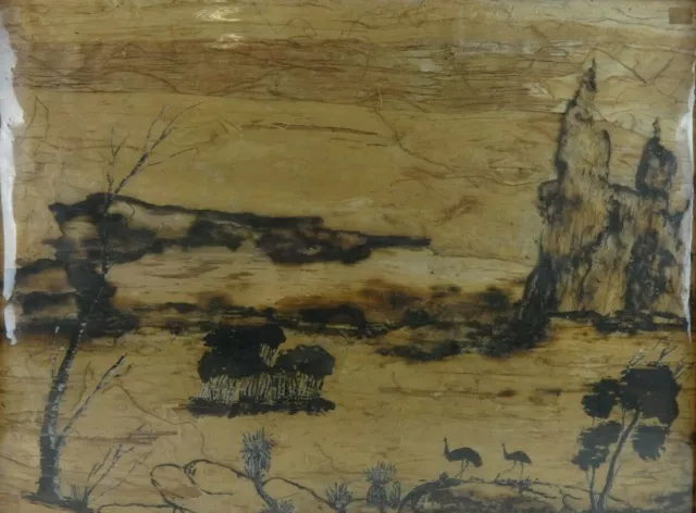Aboriginal Art Indigenous Australian Burnt Bark Wood,Animals Landscape Original
