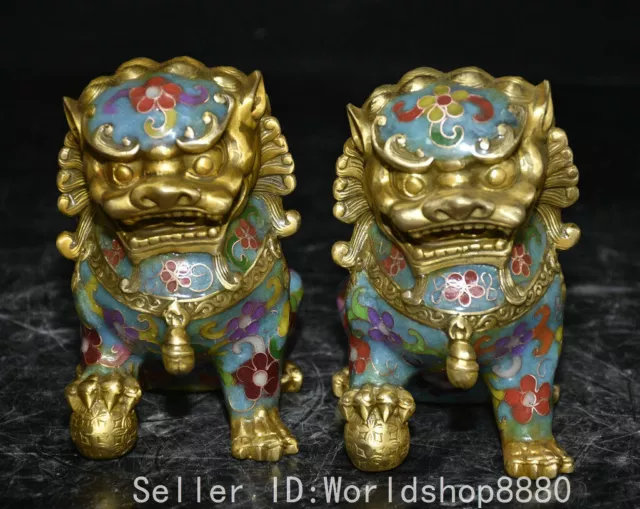 5.2" Old Chinese Cloisonne copper Fengshui Foo Fu Dog Guardion Lion statue pair