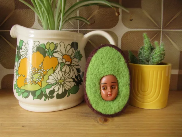 Needle Felted Avocado with Doll Face Handmade Unique Anthropomorphic Ornament