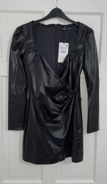 Zara Black Faux Leather Crossover Wrap Dress With Sweetheart Neckline Size M New