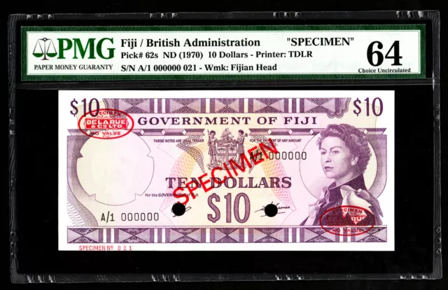 Fiji $10 ND 1970 SPECIMEN Note P. 62 - 62s PMG 64 Choice UNC QEII SCARCE