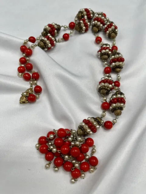 Vtg filigree brass red glass seed bead Faux pearl tassel necklace Neiger?Haskell