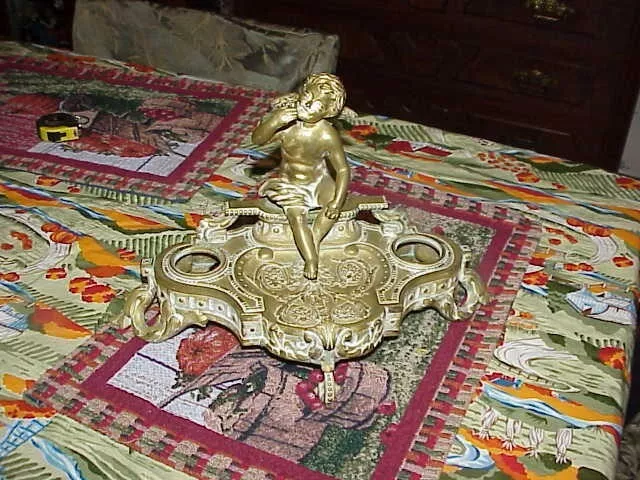 NICE Antique /  Vintage  Art Nouveau Cherub SOLID BRASS Inkwell Set LARGE SIZE