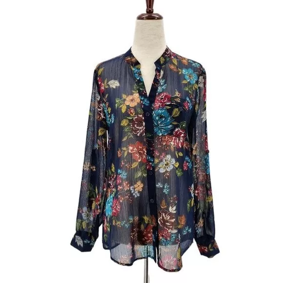 Kut From The Kloth Floral Sheer Navy Blue Multicolor Button Blouse Top Womens XS