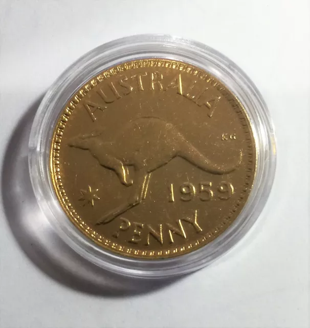 1959 Circulated Australian Penny Coin 999 24k Gold HGE in Acrylic Capsule. QE 11