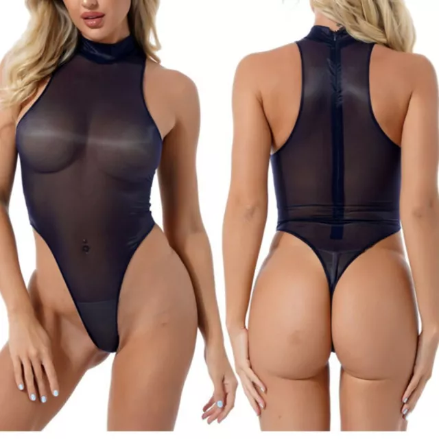 Damen Bodysuit Sexy Transparent Body High Cut Thong Stringbody Unterhemd  Overall