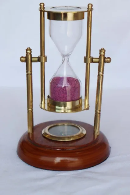 Brass Sand Timer Pink Base Wood And Compass Maritime Vintage Handmade Nautical
