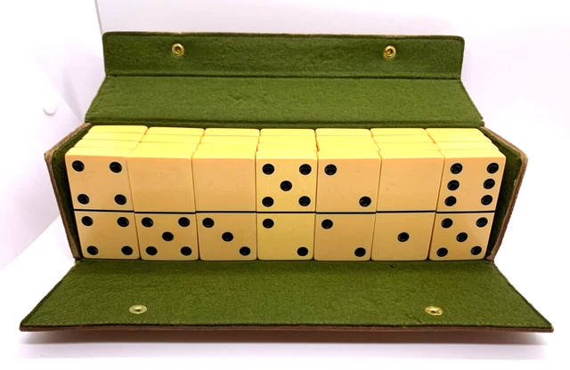 Vtg Bakelite Jumbo Buttersctch Double Six Dominoes In Leather Box - Pacific Game